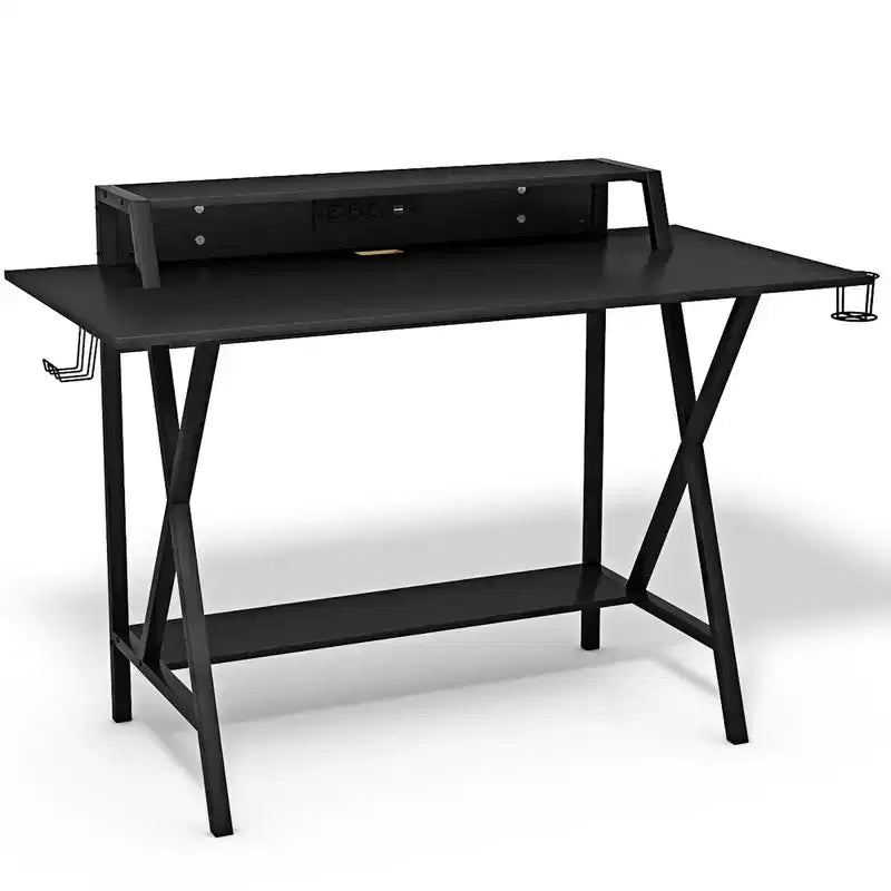 Ensemble Bureau Gamer Costway et Fauteuil de Jeu Massant avec Repose-pieds, Étagère de Moniteur, Multiprise, Bleu