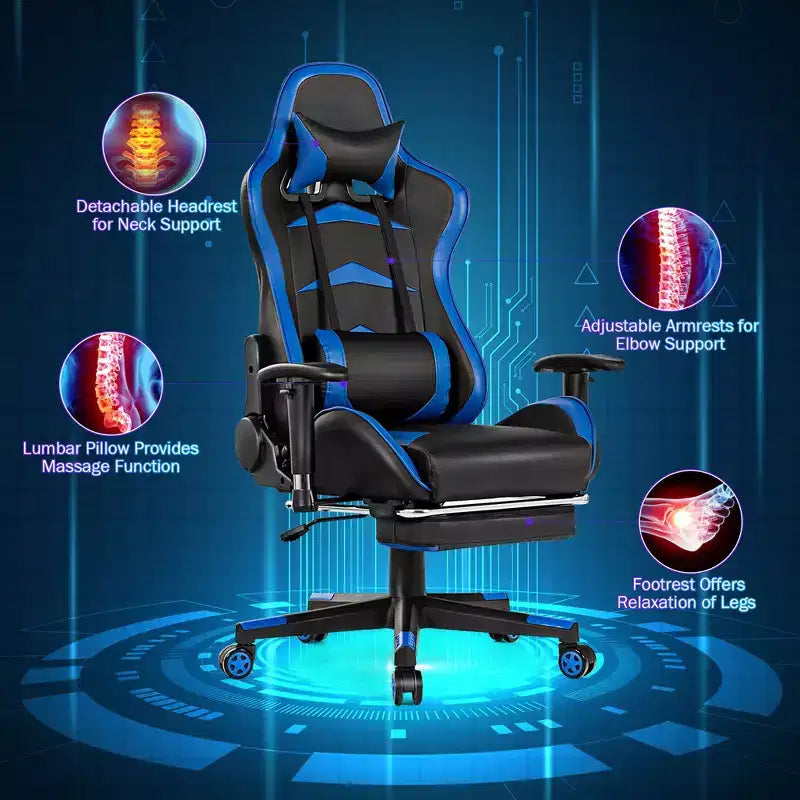 Ensemble Bureau Gamer Costway et Fauteuil de Jeu Massant avec Repose-pieds, Étagère de Moniteur, Multiprise, Bleu