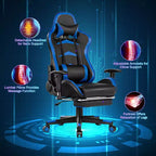 Ensemble Bureau Gamer Costway et Fauteuil de Jeu Massant avec Repose-pieds, Étagère de Moniteur, Multiprise, Bleu