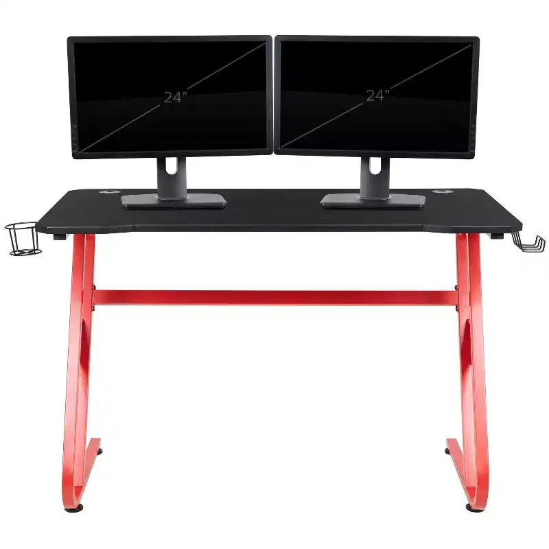 Ensemble chaise et bureau de jeu BlackArc Echo : Chaise de jeu inclinable en similicuir noir et rouge ; Bureau de jeu avec crochet pour casque et porte-gobelet
