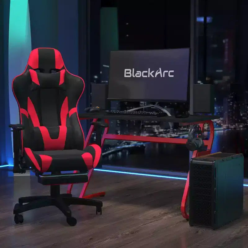 Ensemble chaise et bureau de jeu BlackArc Echo : Chaise de jeu inclinable en similicuir noir et rouge ; Bureau de jeu avec crochet pour casque et porte-gobelet