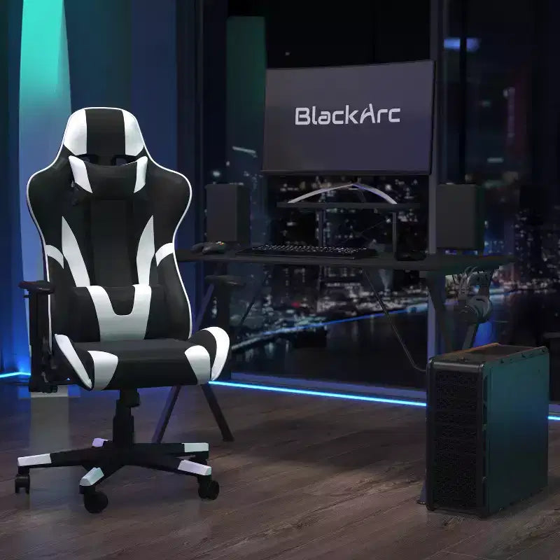 Configuration de jeu BlackArc Delta : Chaise inclinable avec support lombaire et appui-tête ; Bureau avec support casque/porte-gobelet détachable et support d'écran