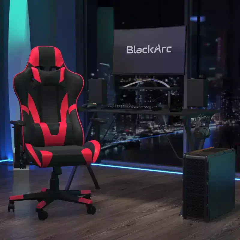 Configuration de jeu BlackArc Delta : Chaise inclinable avec support lombaire et appui-tête ; Bureau avec support casque/porte-gobelet détachable et support d'écran