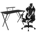 Configuration de jeu BlackArc Delta : Chaise inclinable avec support lombaire et appui-tête ; Bureau avec support casque/porte-gobelet détachable et support d'écran