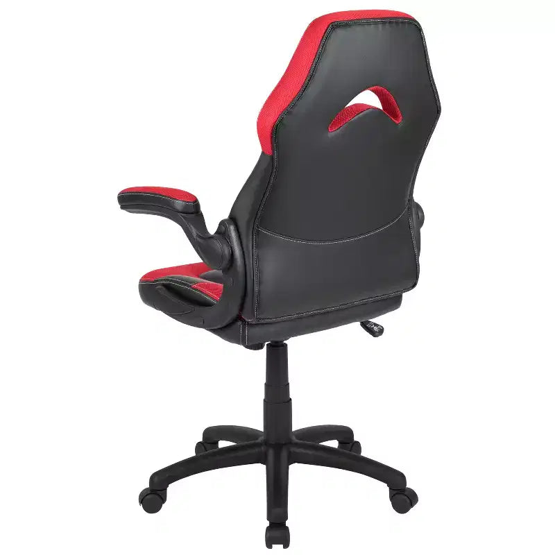 Pack Alpha BlackArc avec bureau et chaise de gaming : Chaise haute noir et rouge avec accoudoirs ; Bureau rouge et noir avec crochet pour casque/porte-gobelet