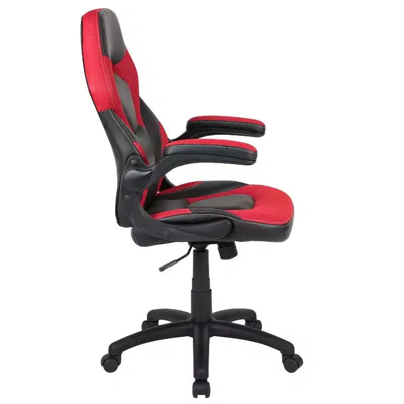 Pack Alpha BlackArc avec bureau et chaise de gaming : Chaise haute noir et rouge avec accoudoirs ; Bureau rouge et noir avec crochet pour casque/porte-gobelet