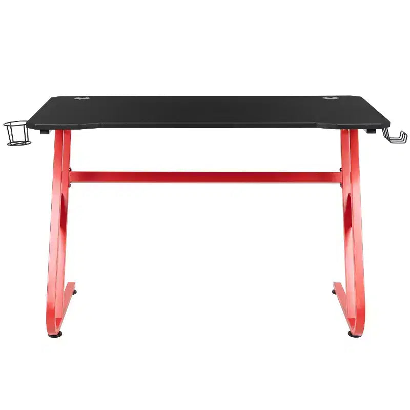 Pack Alpha BlackArc avec bureau et chaise de gaming : Chaise haute noir et rouge avec accoudoirs ; Bureau rouge et noir avec crochet pour casque/porte-gobelet