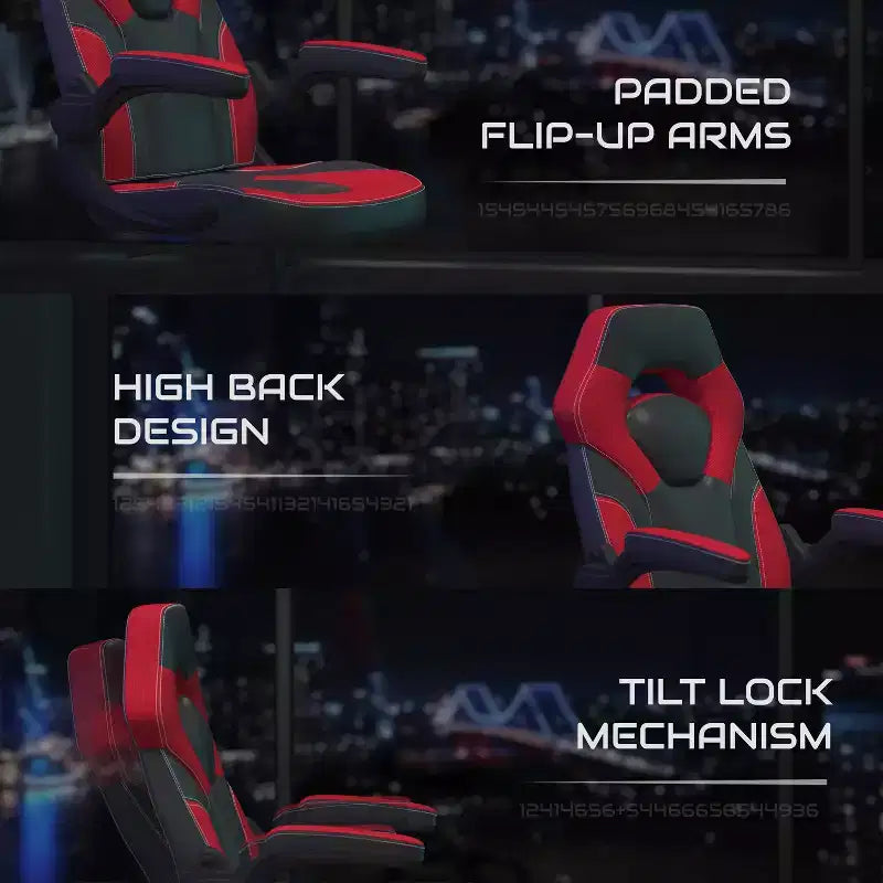 Pack Alpha BlackArc avec bureau et chaise de gaming : Chaise haute noir et rouge avec accoudoirs ; Bureau rouge et noir avec crochet pour casque/porte-gobelet