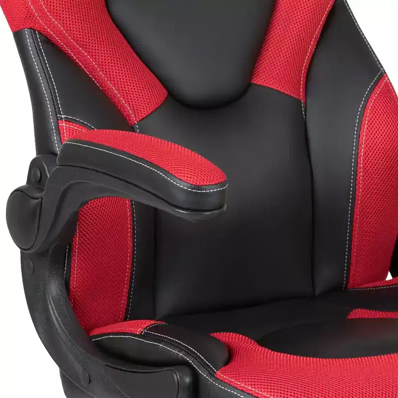 Pack Alpha BlackArc avec bureau et chaise de gaming : Chaise haute noir et rouge avec accoudoirs ; Bureau rouge et noir avec crochet pour casque/porte-gobelet