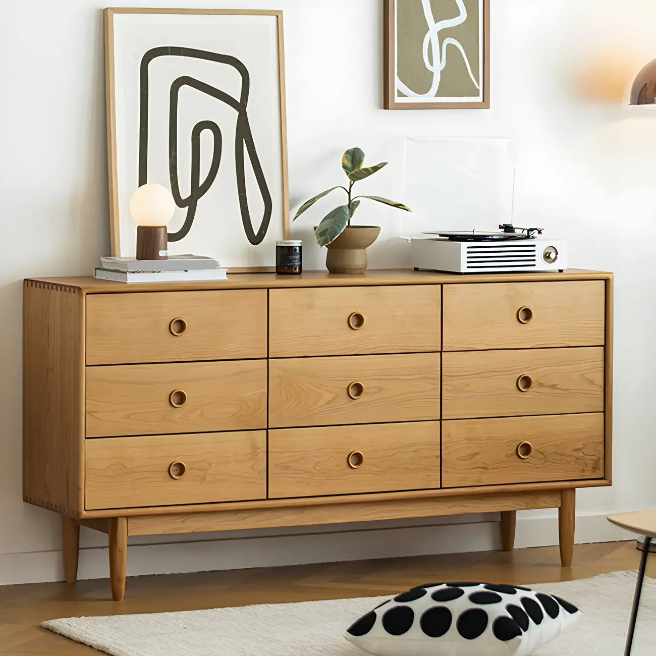 Commode double nordique en bois de cerisier naturel avec tiroirs