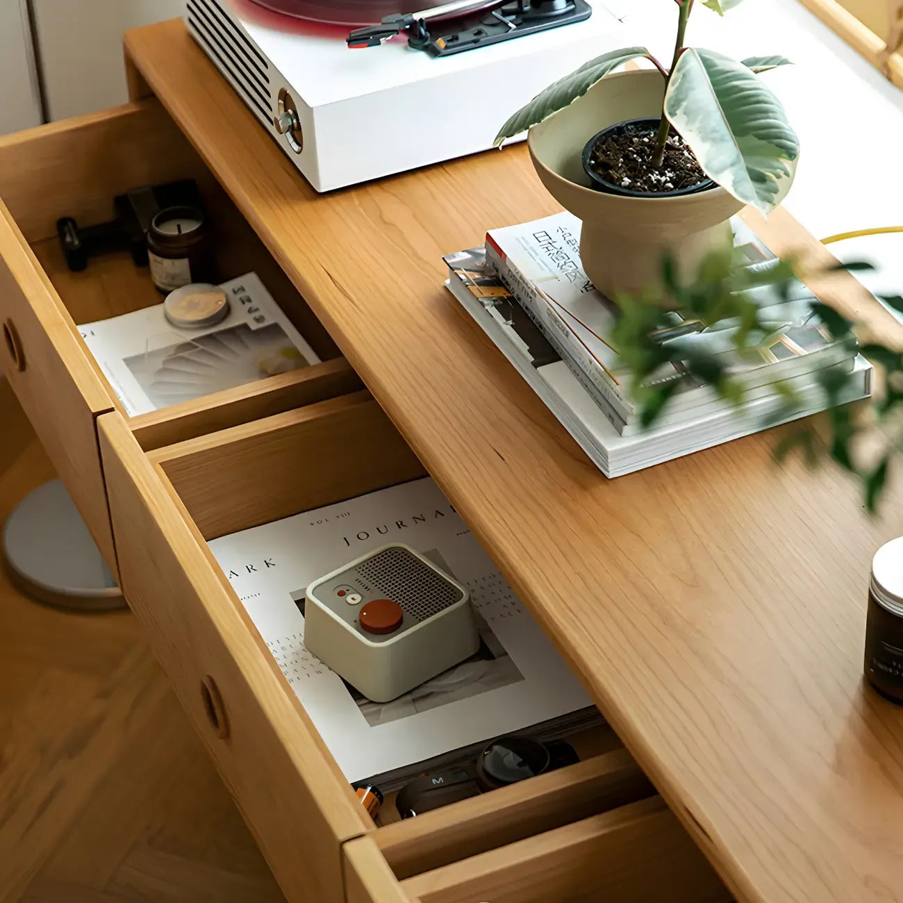 Commode double nordique en bois de cerisier naturel avec tiroirs