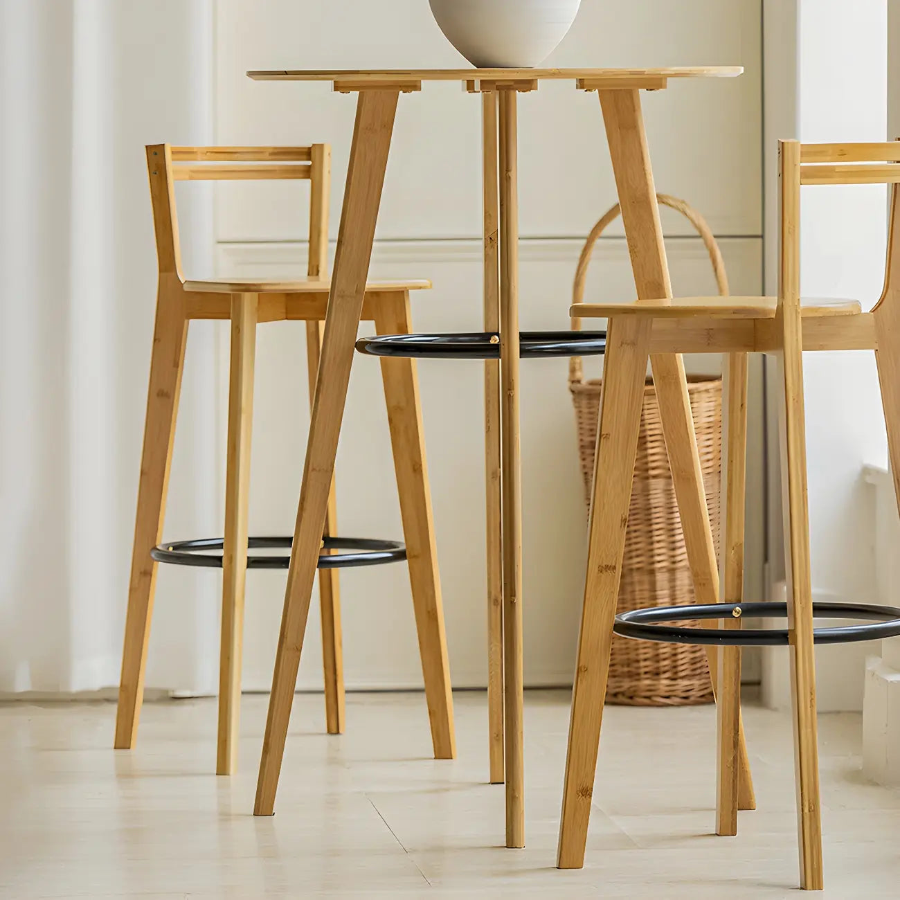 Table de bar ronde moderne en bambou, hauteur comptoir