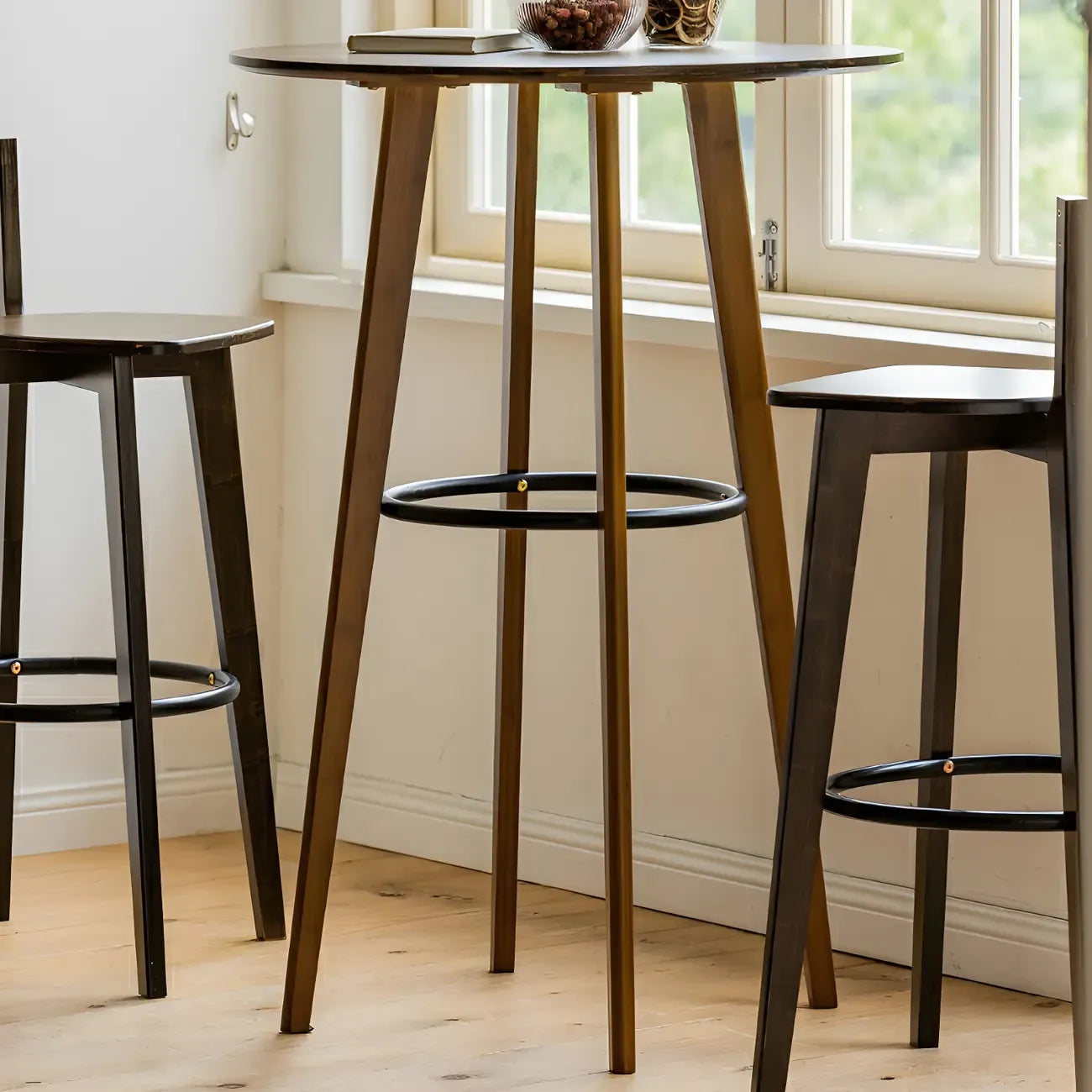 Table de bar ronde moderne en bambou, hauteur comptoir