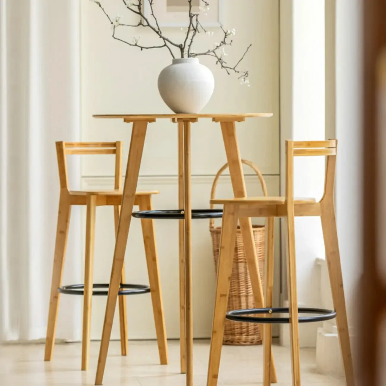 Table de bar ronde moderne en bambou, hauteur comptoir