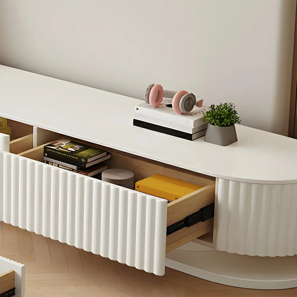 Meuble TV moderne en bois blanc, long et cannelé, avec tiroirs (79 pouces)