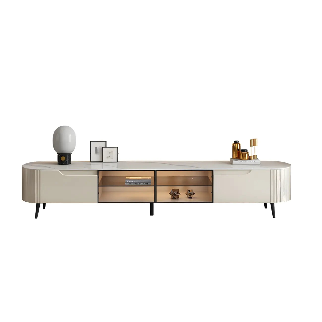 Mobile TV 71" con ripiani e cassetti in legno beige e vetro