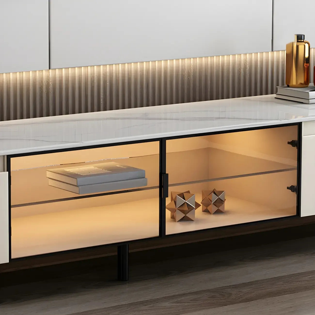 Mobile TV 71" con ripiani e cassetti in legno beige e vetro