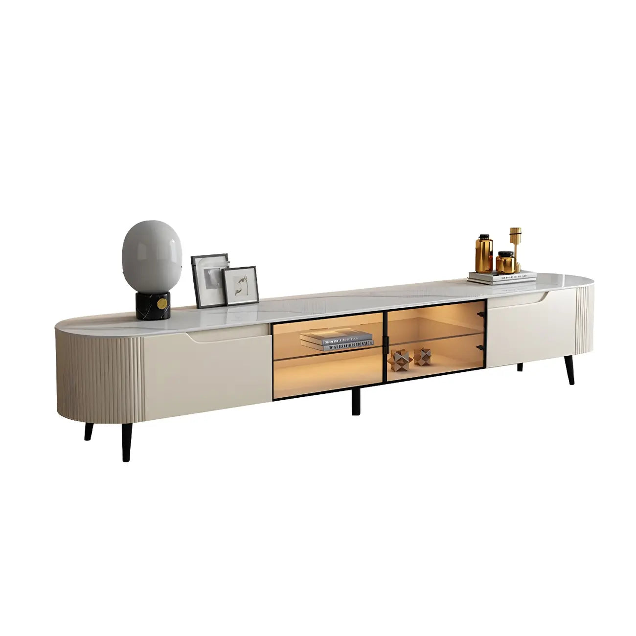 Mobile TV 71" con ripiani e cassetti in legno beige e vetro
