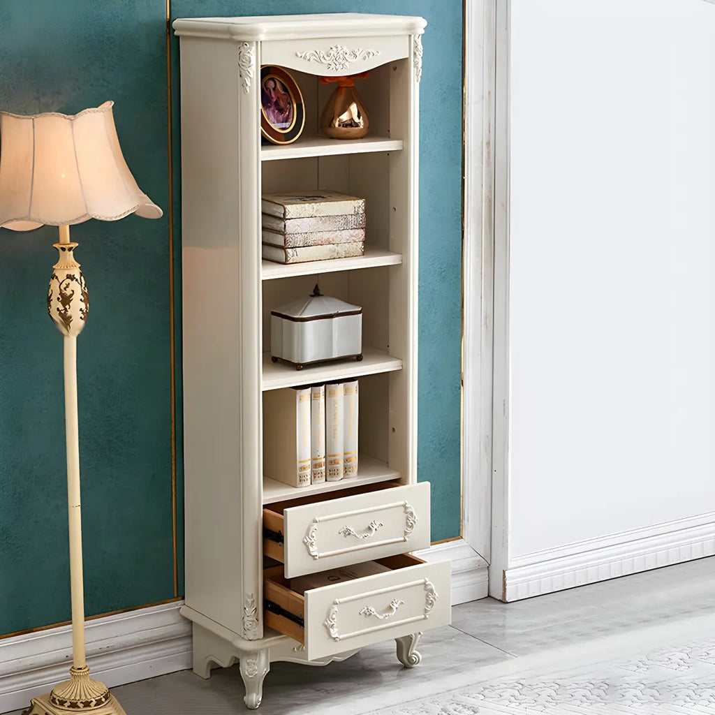 Bibliothèque de style campagnard français en bois blanc à 2 tiroirs avec portes