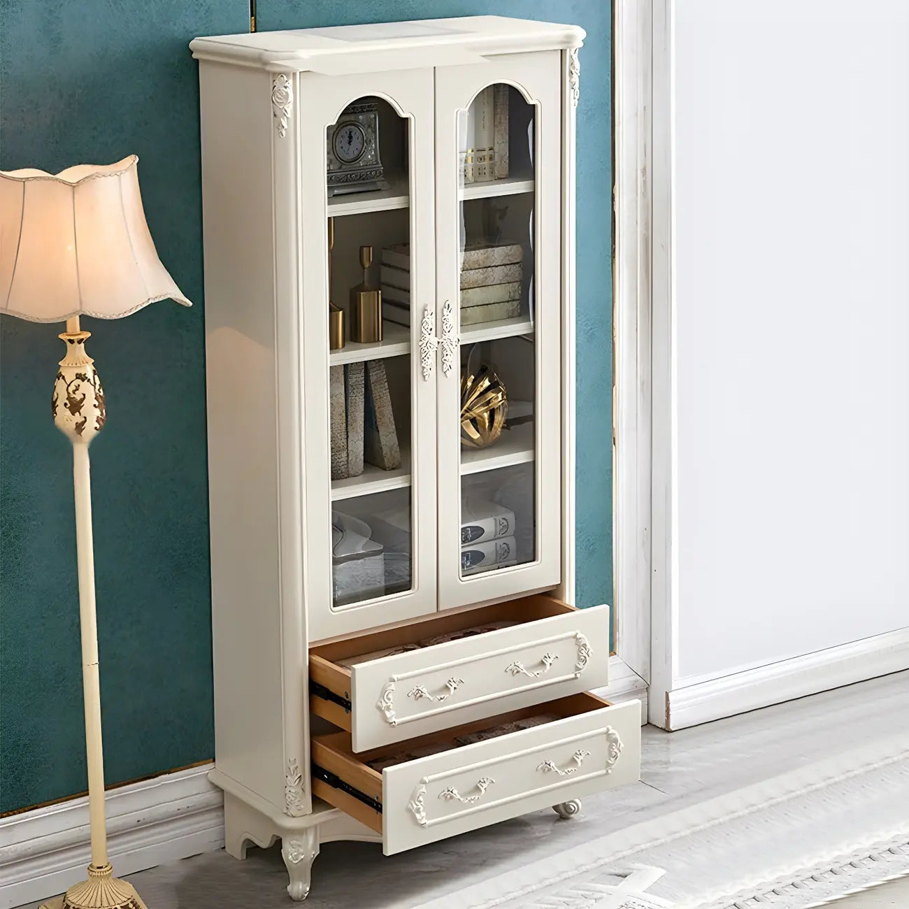 Bibliothèque de style campagnard français en bois blanc à 2 tiroirs avec portes