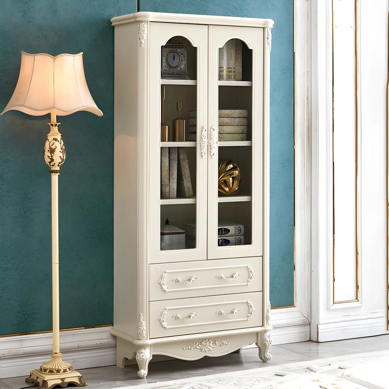Bibliothèque de style campagnard français en bois blanc à 2 tiroirs avec portes