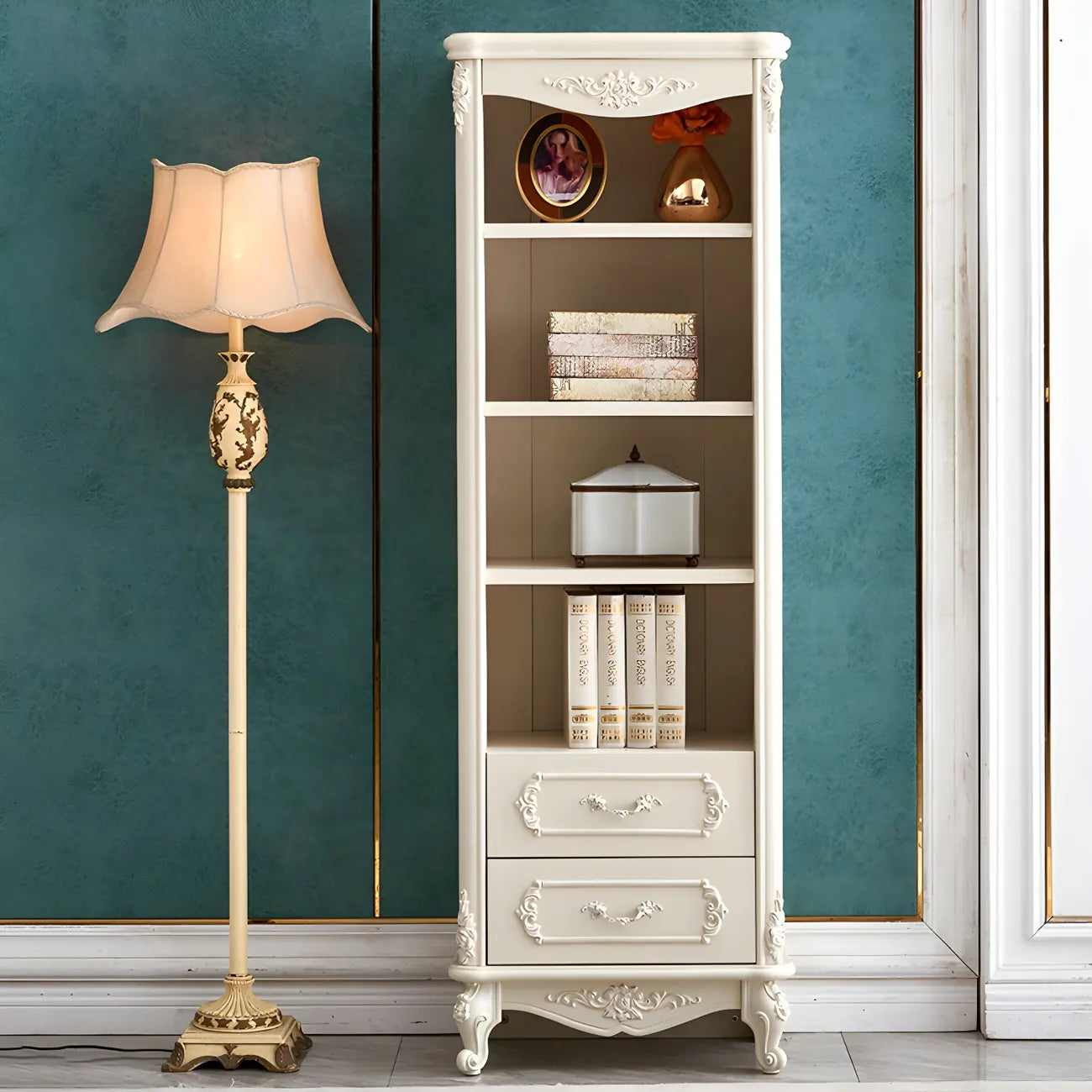 Bibliothèque de style campagnard français en bois blanc à 2 tiroirs avec portes