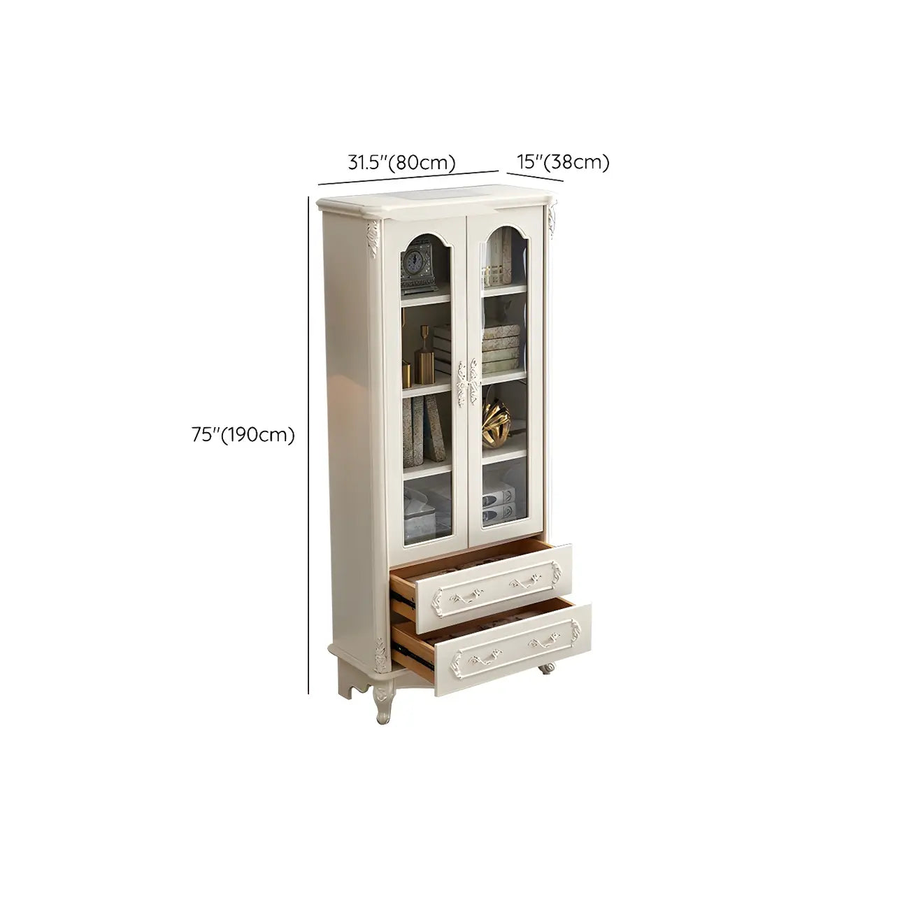 Bibliothèque de style campagnard français en bois blanc à 2 tiroirs avec portes