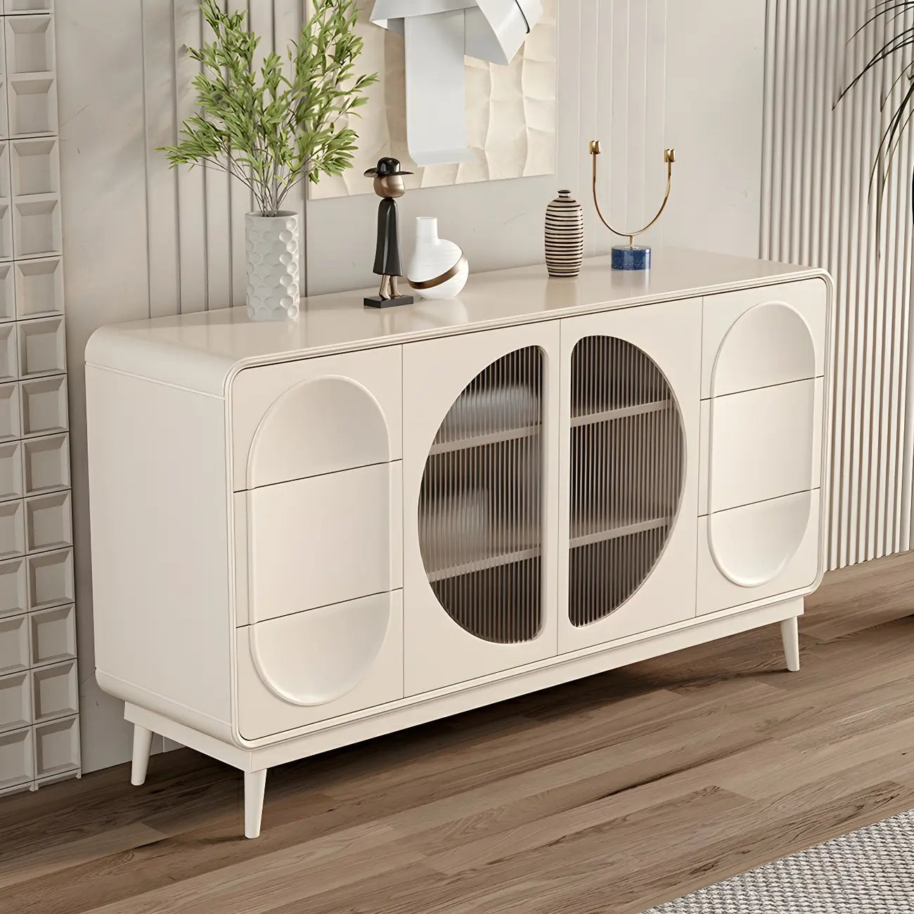 Mobile contenitore moderno bianco in legno e vetro senza maniglie