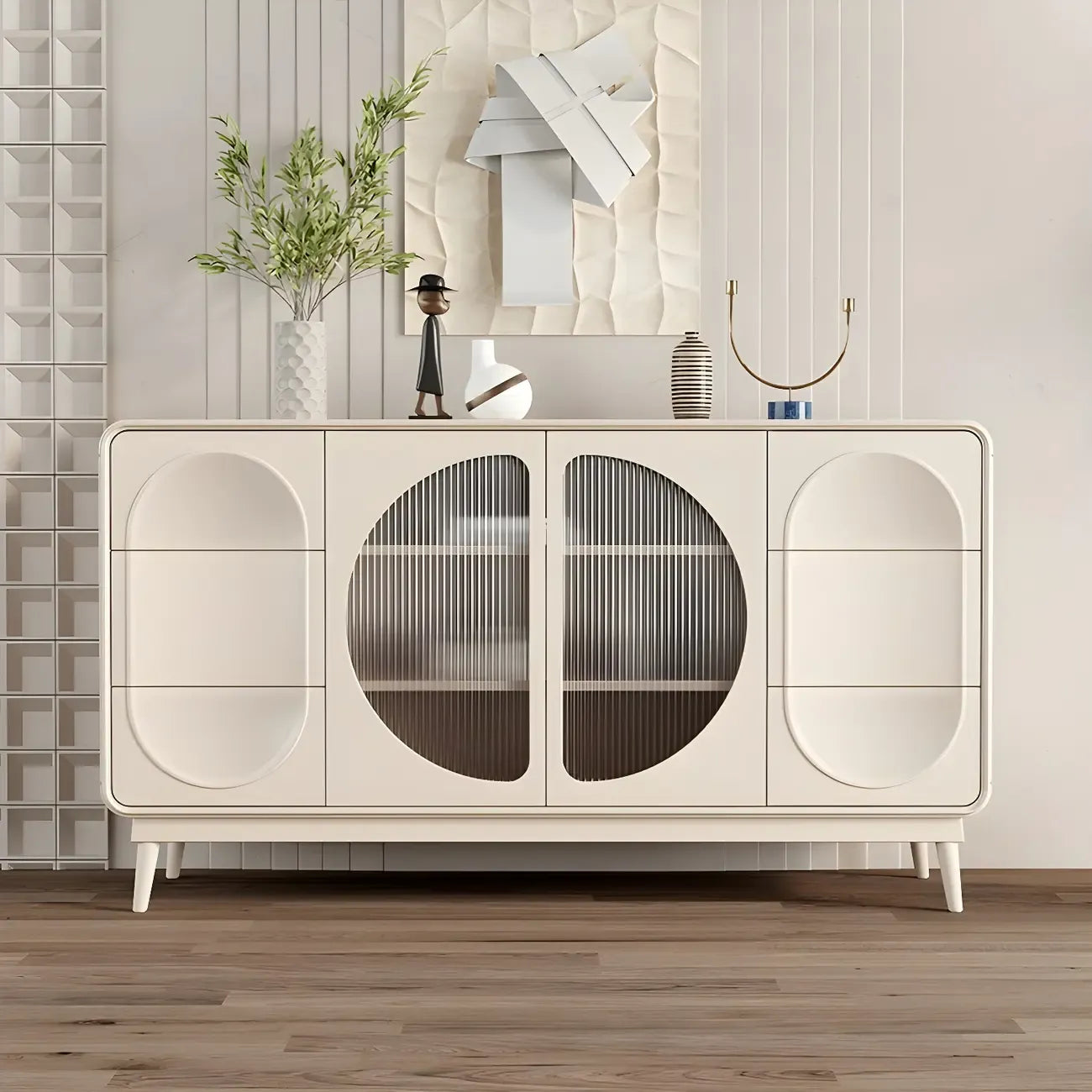 Mobile contenitore moderno bianco in legno e vetro senza maniglie