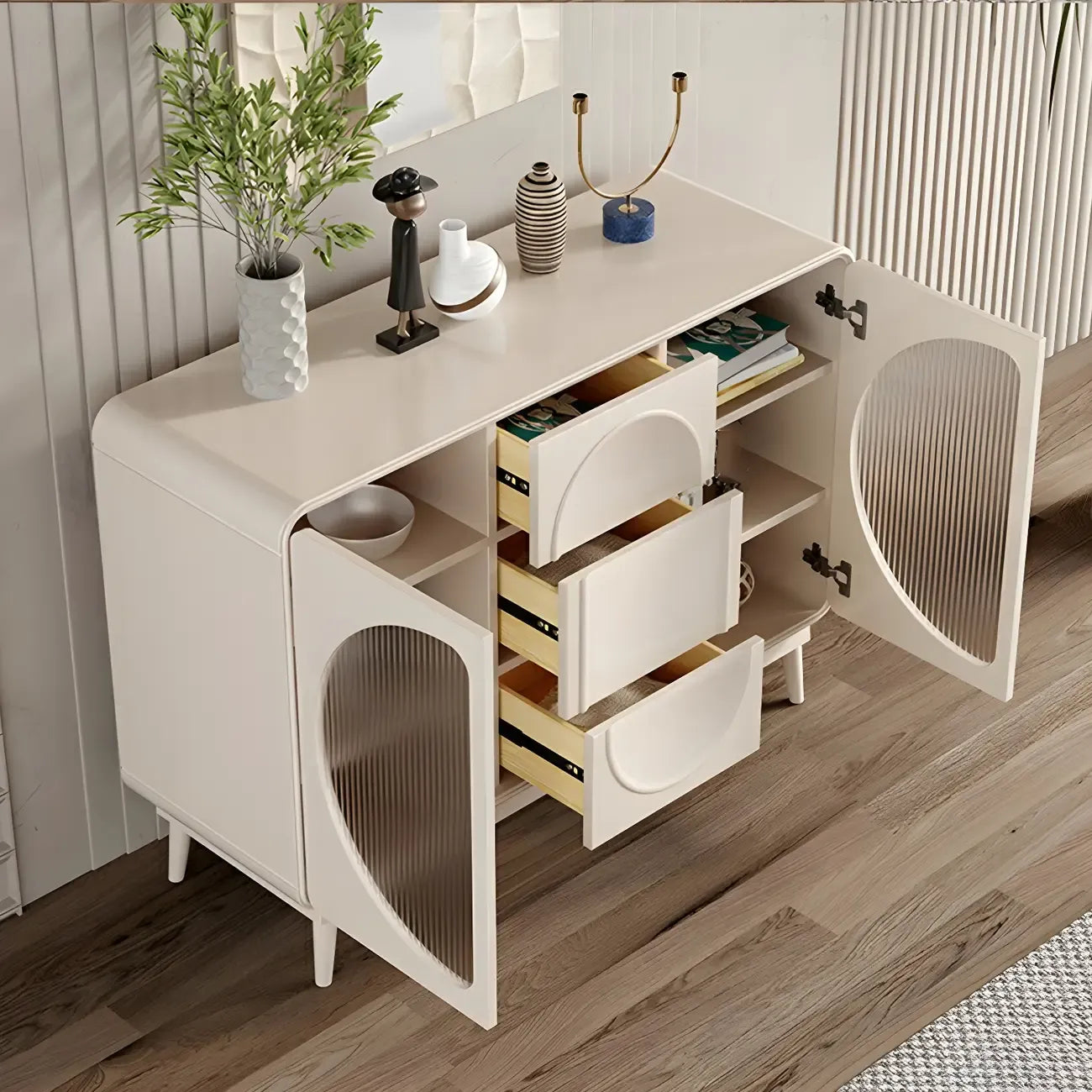 Mobile contenitore moderno bianco in legno e vetro senza maniglie