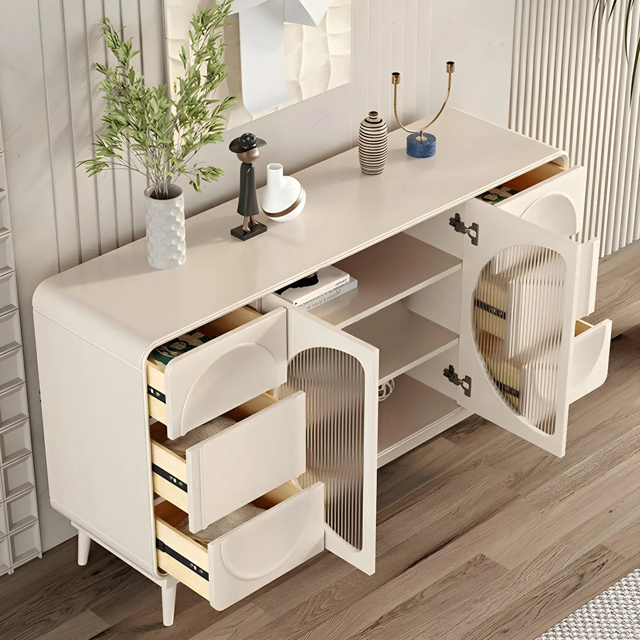 Mobile contenitore moderno bianco in legno e vetro senza maniglie