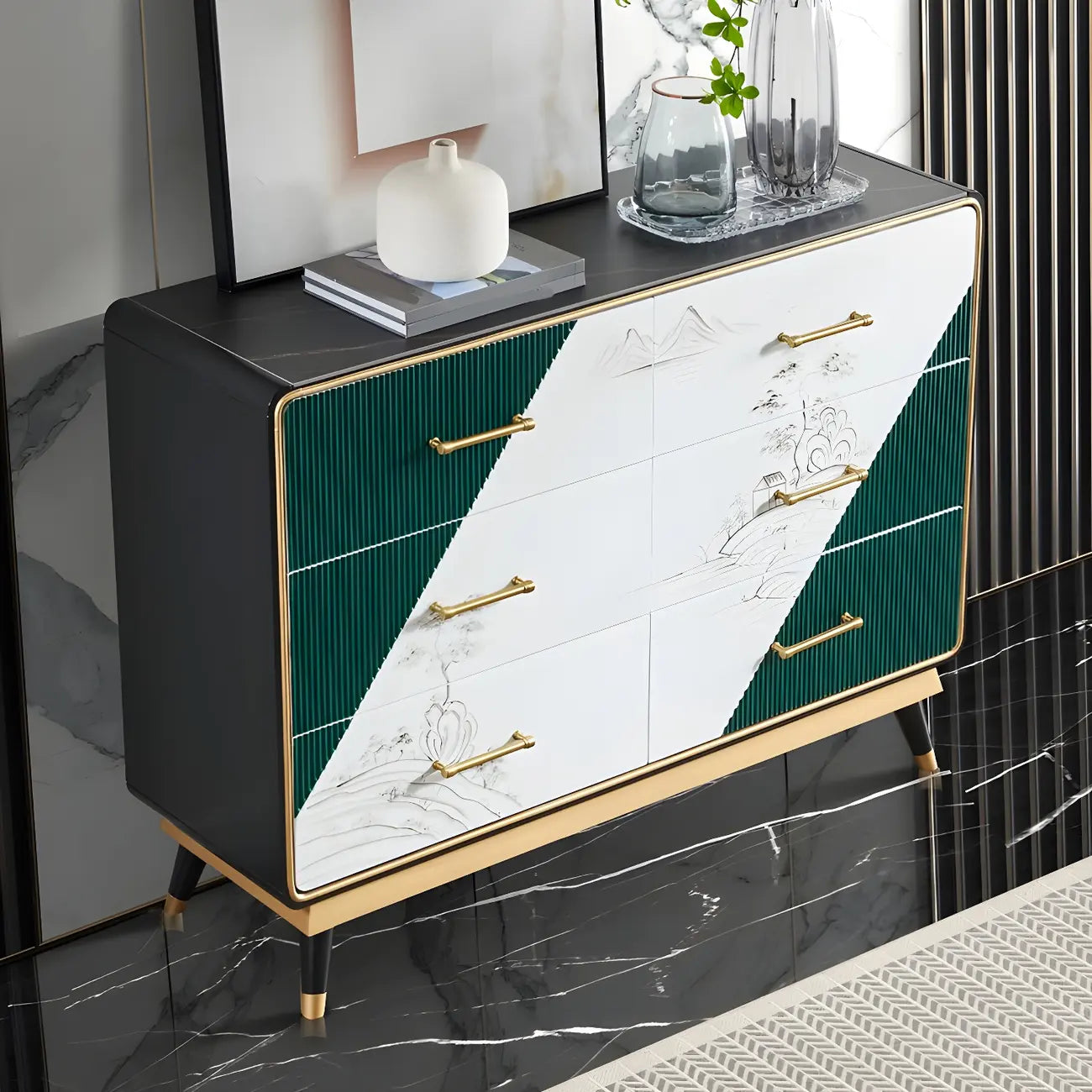 Coffres de rangement en bois beige glamour avec accents dorés