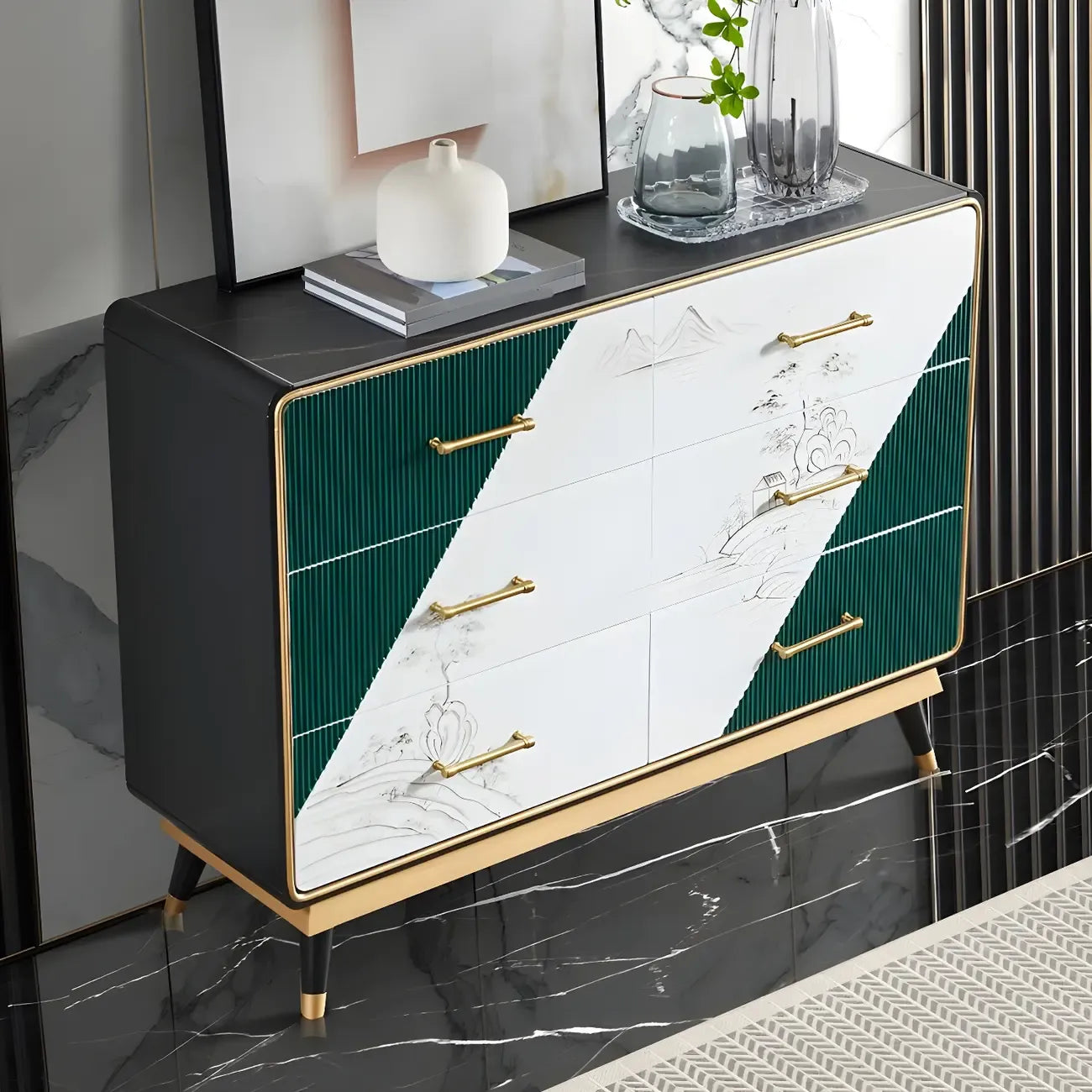Coffres de rangement en bois beige glamour avec accents dorés