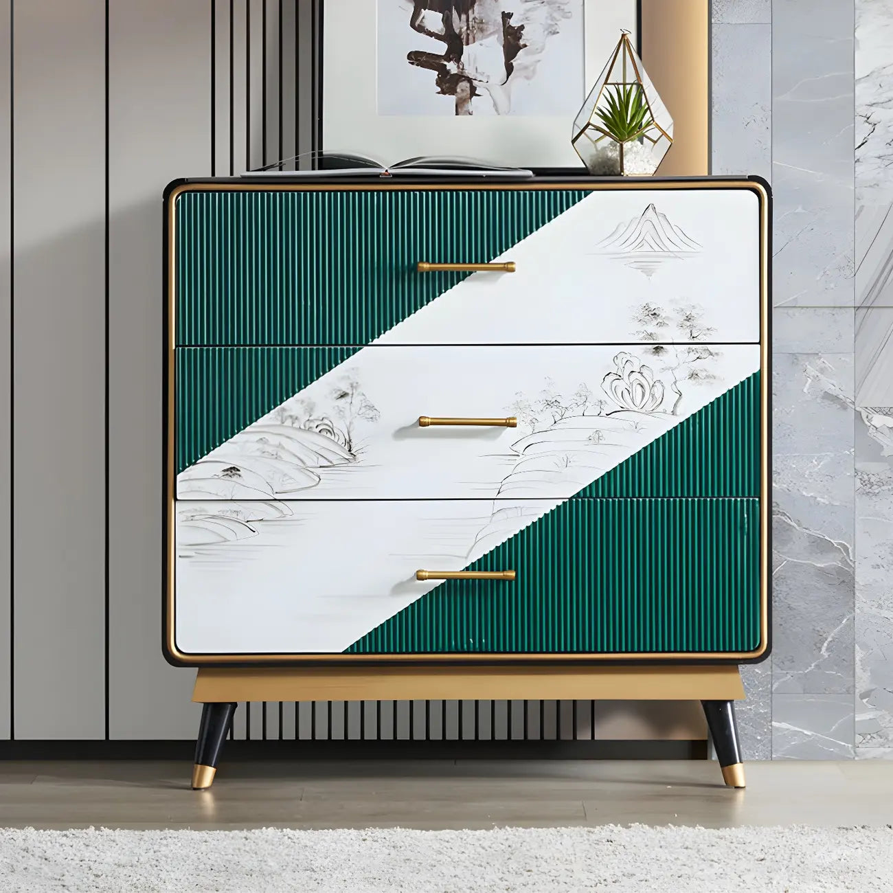 Coffres de rangement en bois beige glamour avec accents dorés