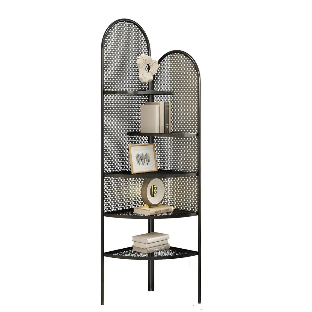 Vitrine d'angle moderne en métal noir avec dos ajouré et arche