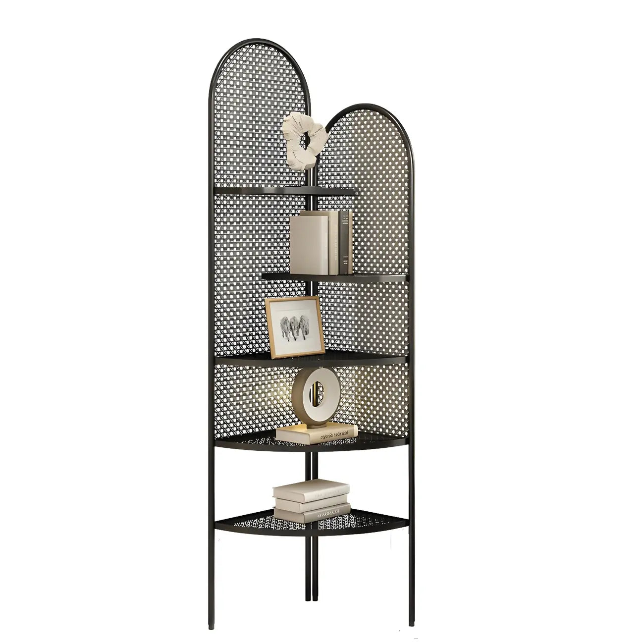 Vitrine d'angle moderne en métal noir avec dos ajouré et arche