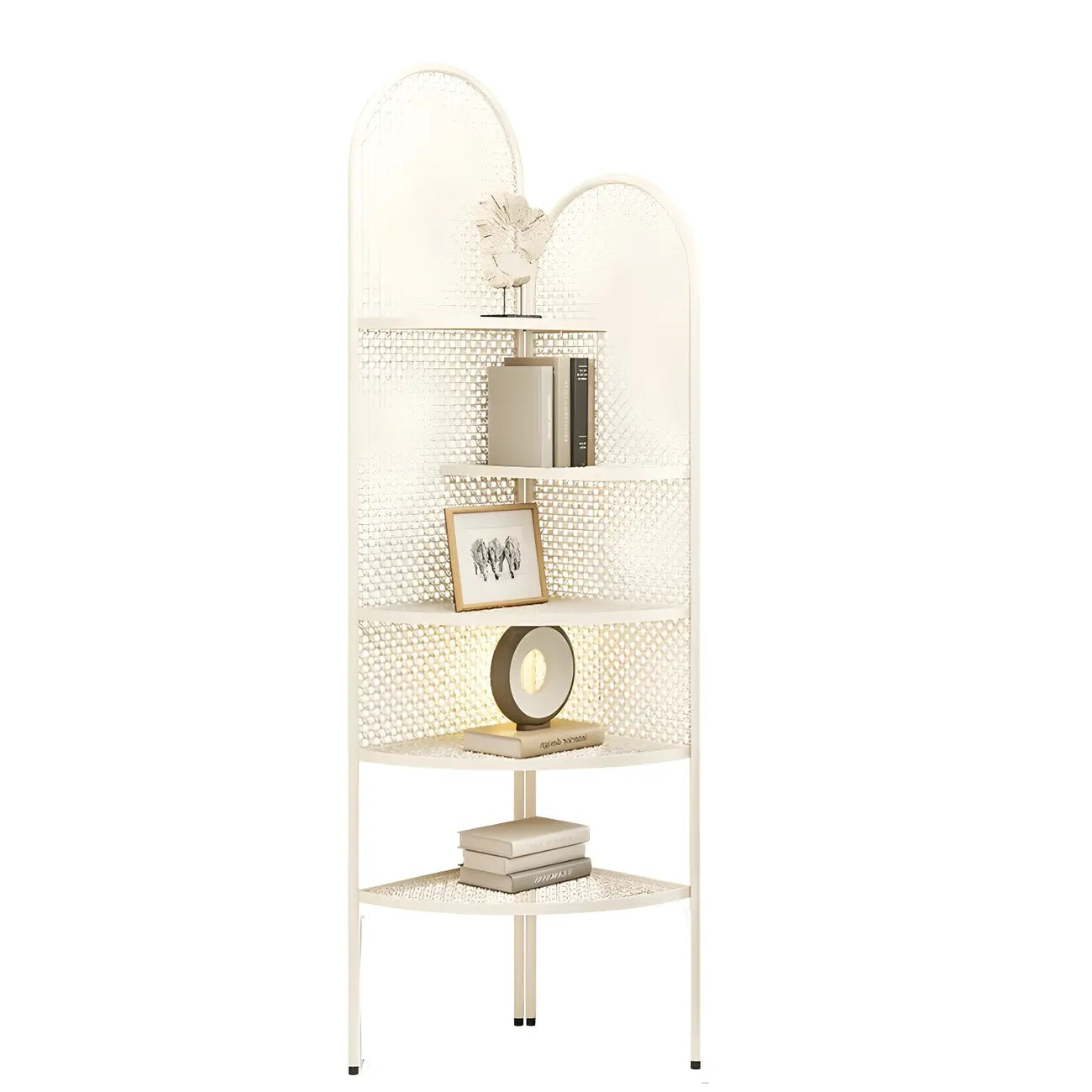 Vitrine d'angle moderne en métal noir avec dos ajouré et arche
