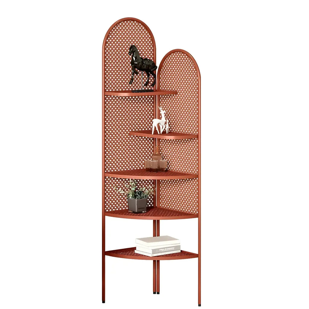 Vitrine d'angle moderne en métal noir avec dos ajouré et arche