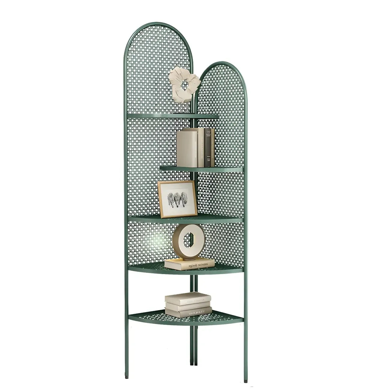 Vitrine d'angle moderne en métal noir avec dos ajouré et arche