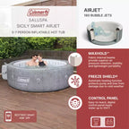 Spa gonflable rond Coleman SaluSpa Sicily AirJet pour 7 personnes avec 180 jets d'air apaisants et couvercle isolant, Gris