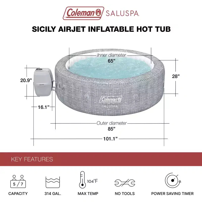 Spa gonflable rond Coleman SaluSpa Sicily AirJet pour 7 personnes avec 180 jets d'air apaisants et couvercle isolant, Gris