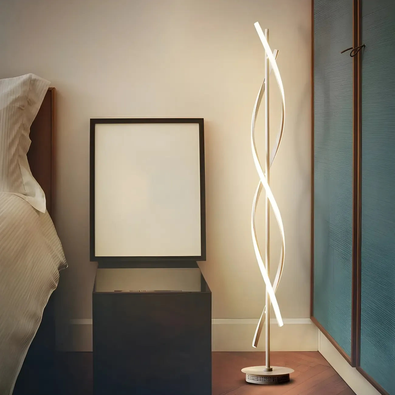 Lampadaire moderne à LED 3 couleurs, forme torsadée et linéaire, pour salon
