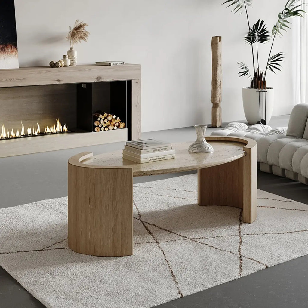 Table basse ovale en travertin Japandi à double piédestal