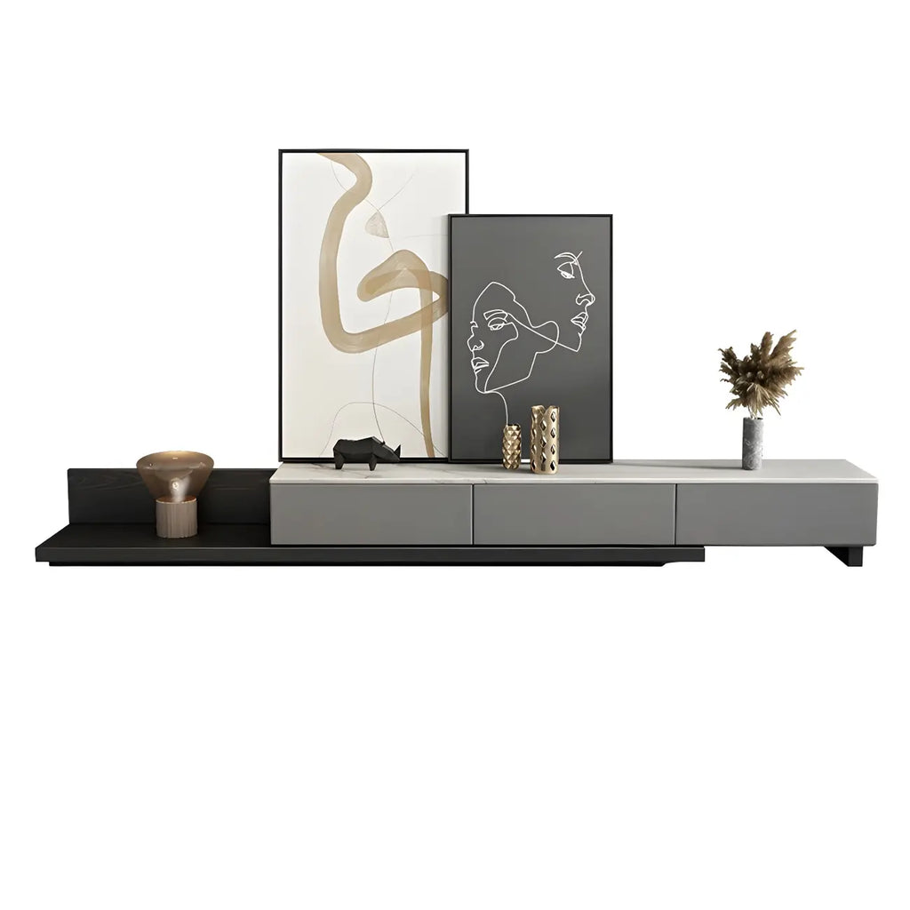 Meuble TV long en bois gris de 142 cm avec étagère ouverte et tiroirs de rangement