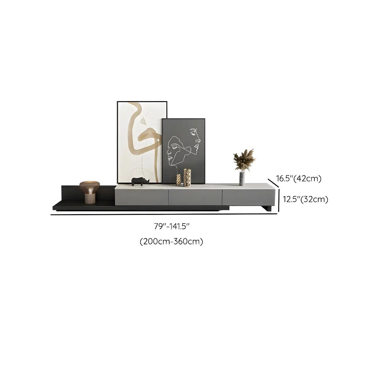 Meuble TV long en bois gris de 142 cm avec étagère ouverte et tiroirs de rangement