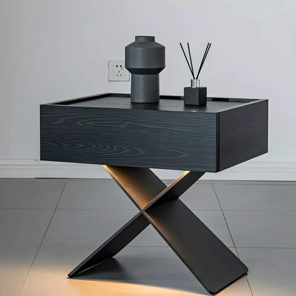 Petite table de chevet avec tiroirs et pieds en X en bois noir