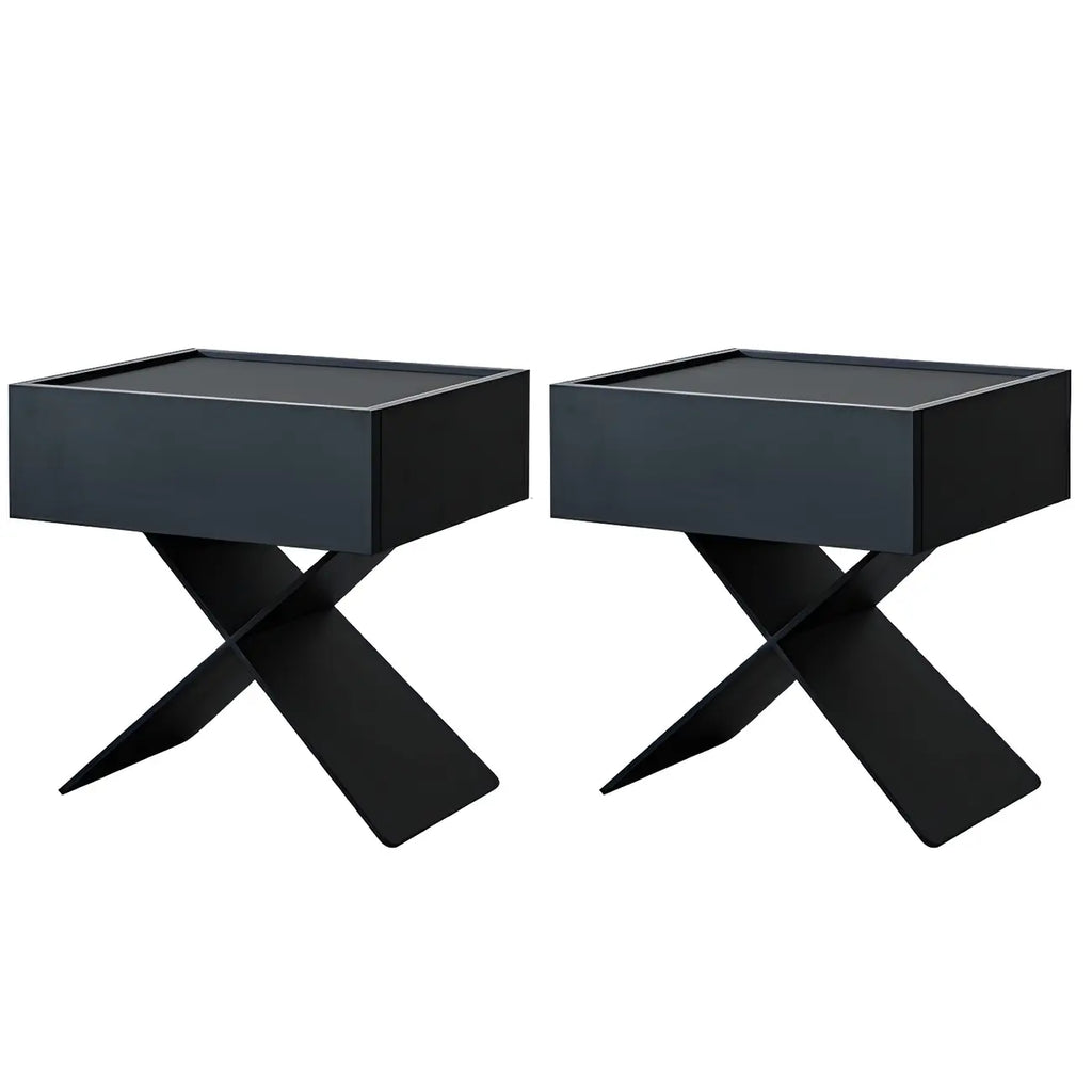 Petite table de chevet avec tiroirs et pieds en X en bois noir