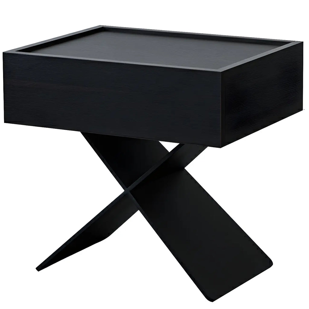 Petite table de chevet avec tiroirs et pieds en X en bois noir