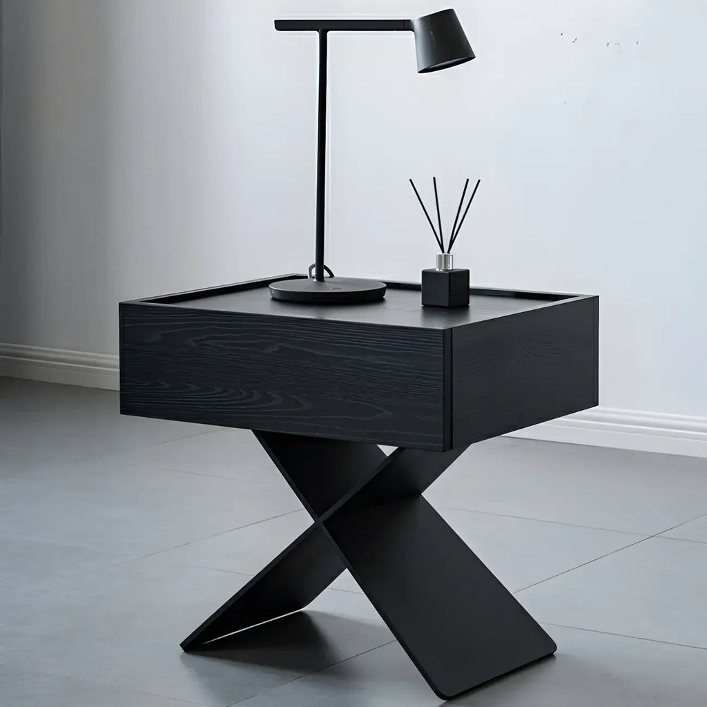 Petite table de chevet avec tiroirs et pieds en X en bois noir