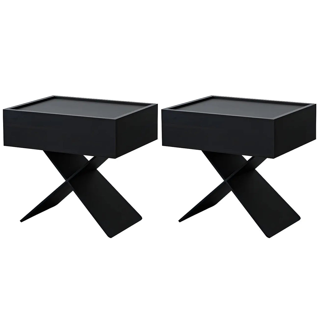 Petite table de chevet avec tiroirs et pieds en X en bois noir